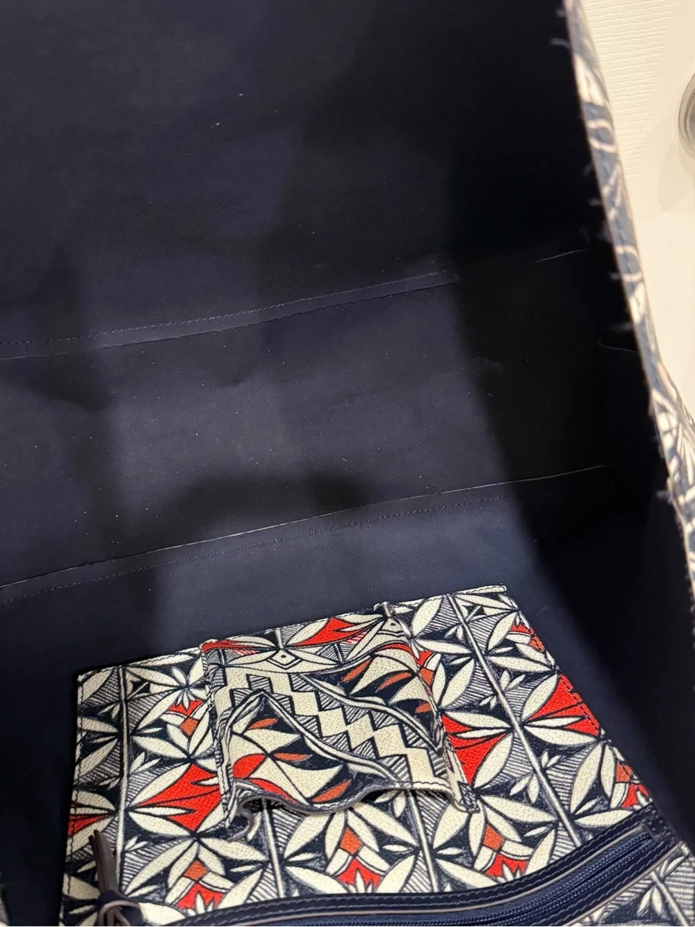 Tory Burch Floral Geometric Canvas Tote Bag in Navy and Red